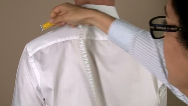 Tailor Measuring Different Parts Mans Body Shirt Production Measures Making — Stock Video