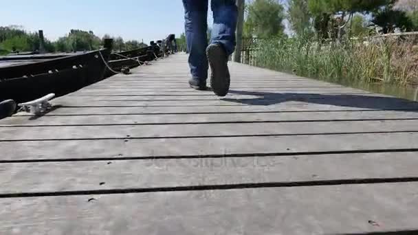 Wandelen langs de Pier in het meer — Stockvideo
