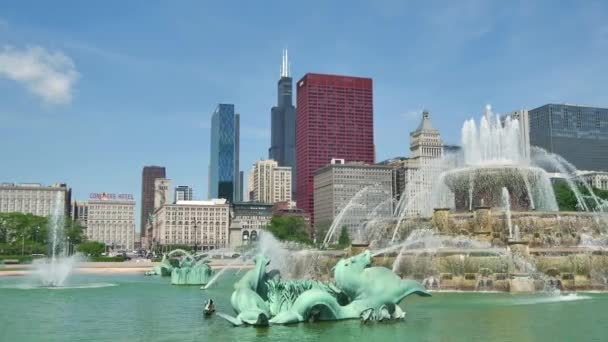 Chicago Downtown Skyline da Fonte de Buckingham View — Vídeo de Stock