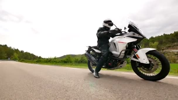 Motorcyclist Driving His Sports Motorbike Curvy Road Slow Motion Steady Stock-Filmmaterial