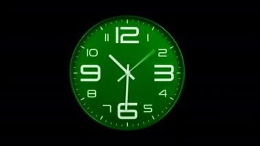 Modern yeşil saat ileri sarma zamanı. Şeffaf alfa kanalı arka planında saat işliyor. Yüksek hız sayacı. Zaman su gibi akıp gidiyor bu zaman atlamasında. Saat yüzeyi yüksek hızda tükeniyor.