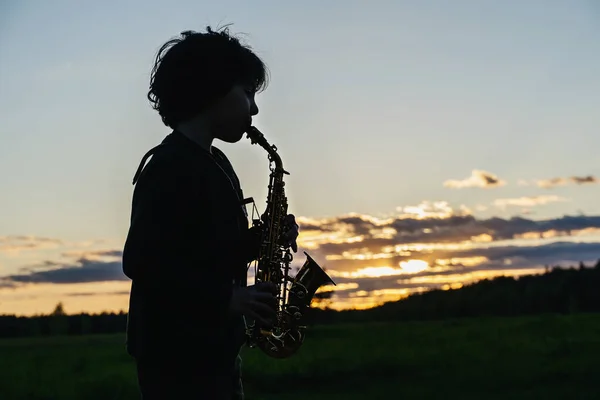 El chico toca el saxofón al atardecer. Silueta de un tipo rizado con un saxofón soprano Imagen De Stock