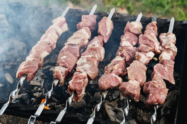 Gemarineerd rauw varkensvlees kebab gespietst op een spit. Beginnen met koken op kolen in de grill — Stockfoto