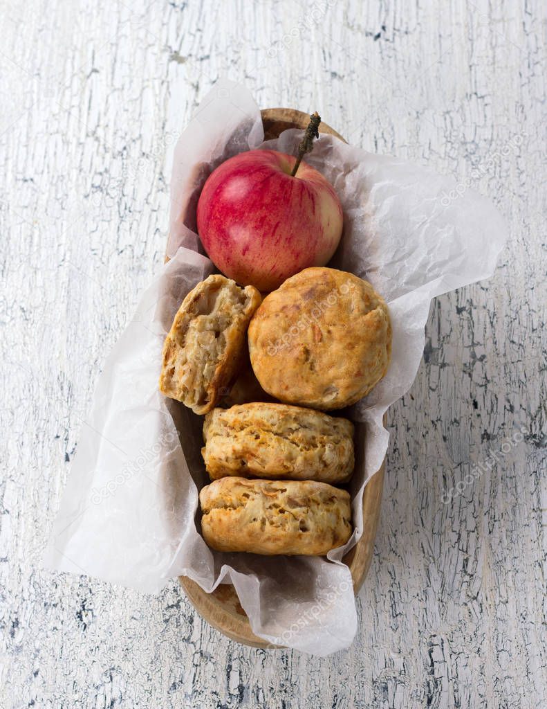 Apple scones in a wooden bowl