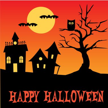 Cadılar Bayramı evleri, ağaç ve baykuş sahne