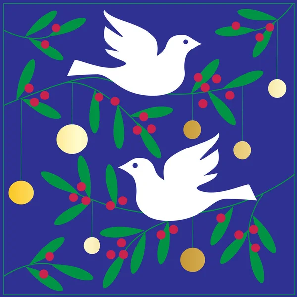 Mistletoe and doves on blue background — Stock Vector