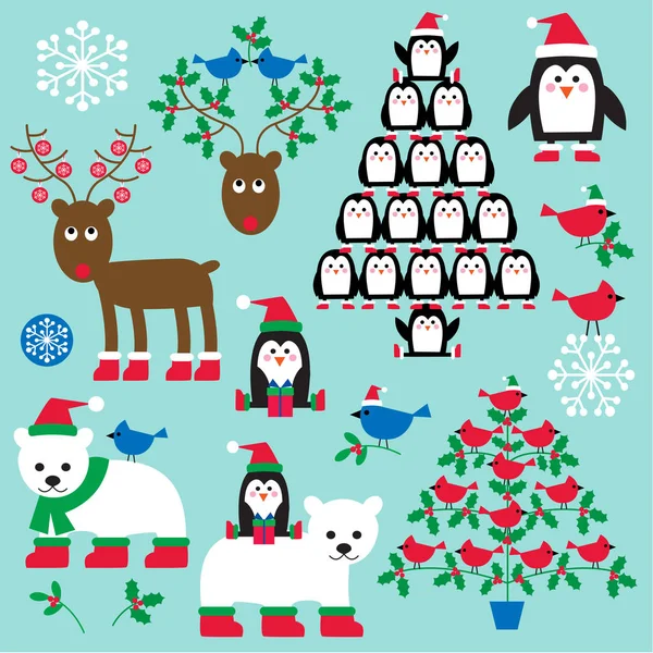 Conjunto de animais de Natal e árvores — Vetor de Stock