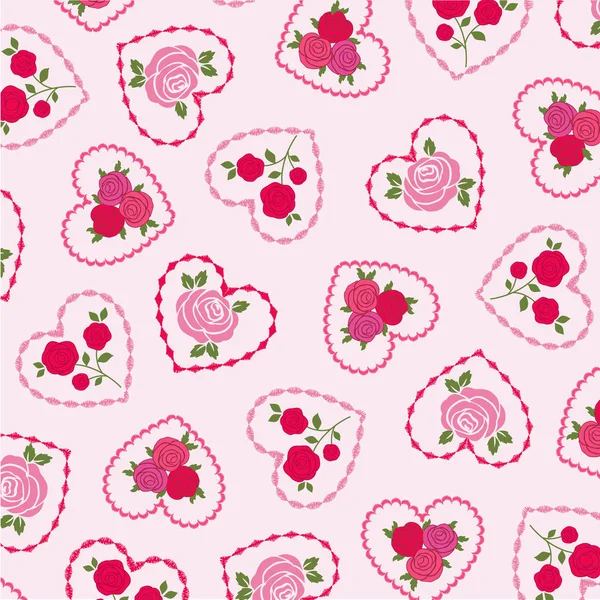 Roses on embroidered hearts pattern — Stock Vector