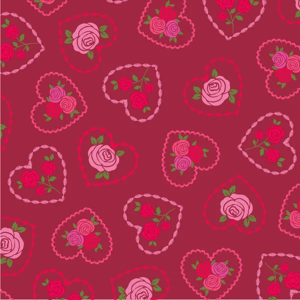 Roses on embroidered  hearts pattern — Stock Vector