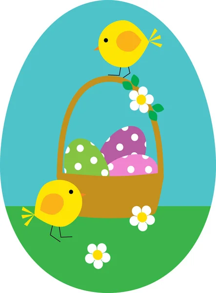 Basket with chicks and eggs — Stock Vector