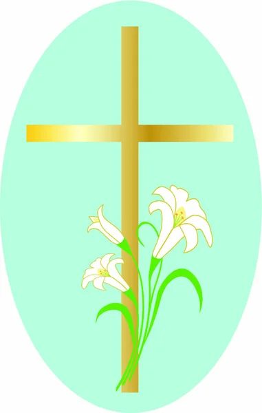 Крест с пасхальными лилиями на зеленом овале — стоковый вектор
