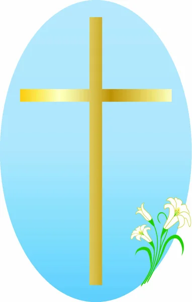 Cruz con los lirios de Pascua en azul ovalado — Vector de stock