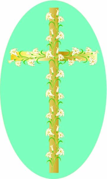 Lirios de Pascua en cruz de oro — Archivo Imágenes Vectoriales