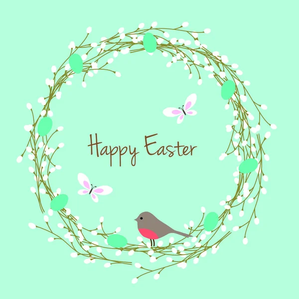 Pussy-willow frame with robin and butterflies — Stock Illustration Pussy-willow frame with robin and butterflies Vector Graphics
