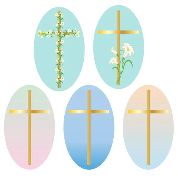 Set of Easter gold crosses with lilies — Stock Vector
