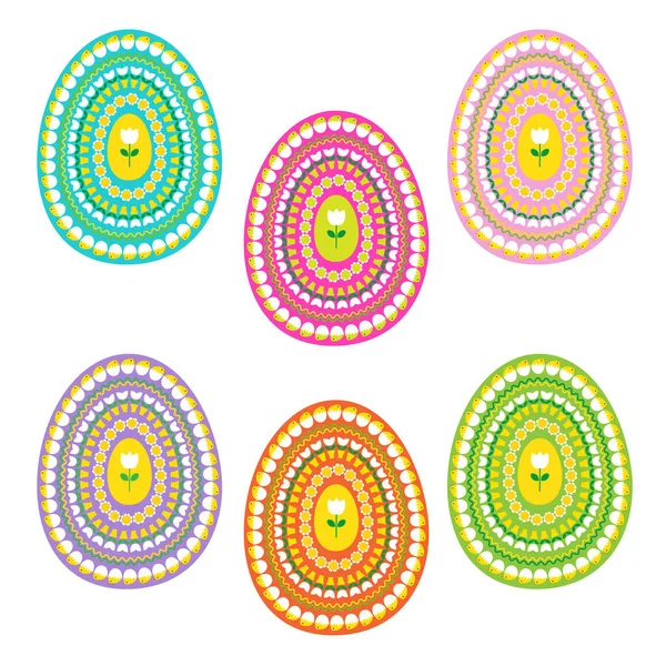 Coloridos huevos de Pascua con tulipanes — Vector de stock