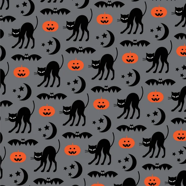 Patrón de Halloween con gatos y murciélagos — Vector de stock