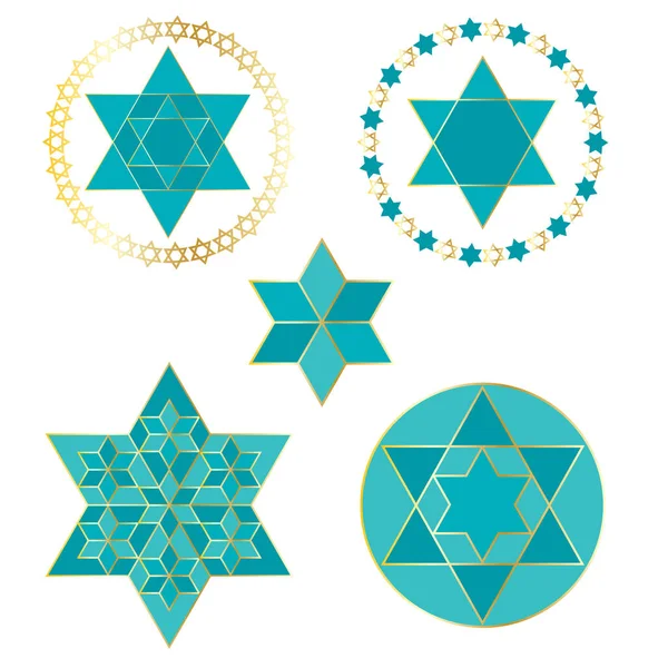 Tyrkysově modré a zlaté židovské hvězdy — Stockový vektor