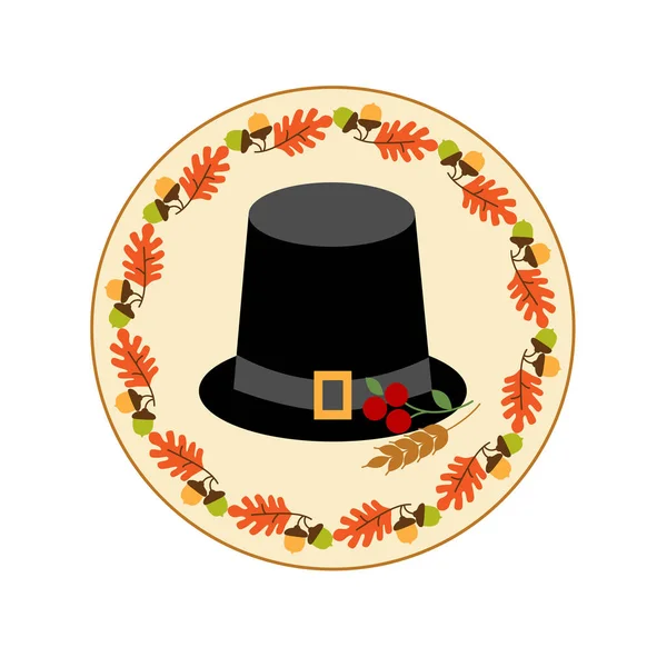 Feliz Día de Acción de Gracias con sombrero de peregrino — Vector de stock