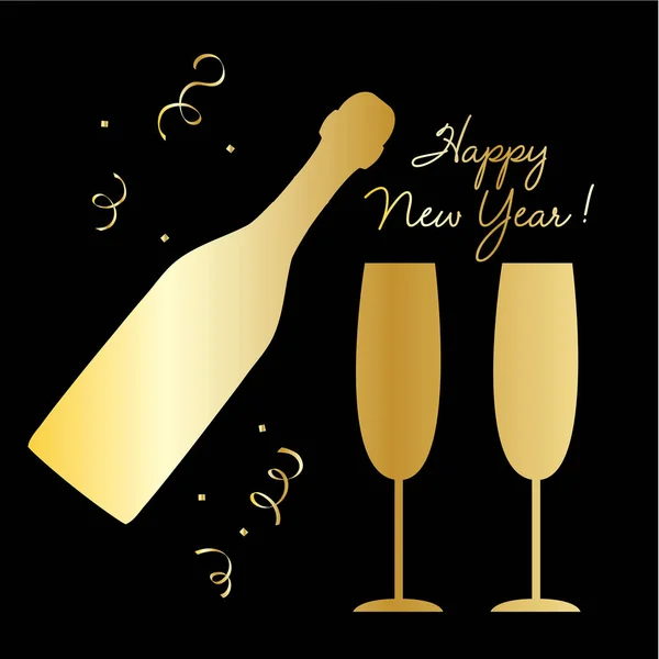 Gott nytt år guld champagne flaska och glasögon siluett med konfetti — Stock vektor