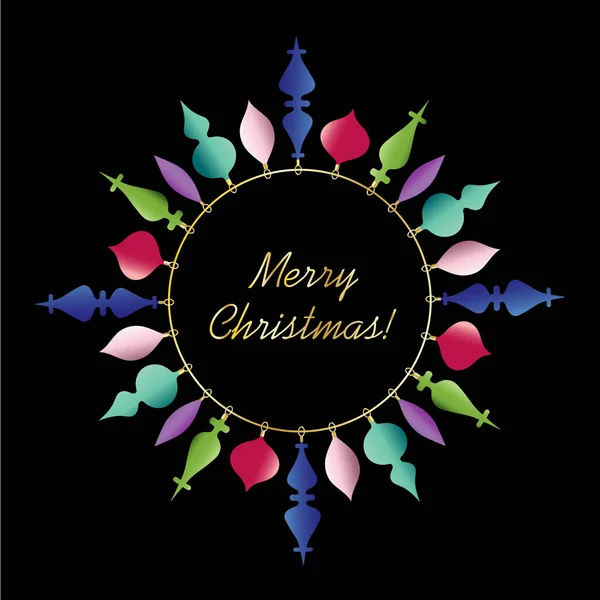 五颜六色的圣诞装饰品圆形框架与圣诞快乐的版式 — 图库矢量图片