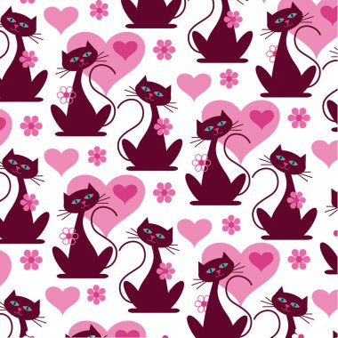 mod kedi ve kalpleri desen vektör arka plan 