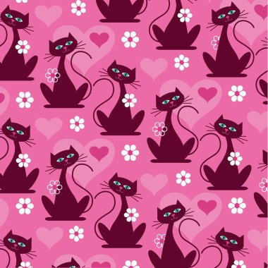 mod kedi ve kalpleri desen vektör arka plan 