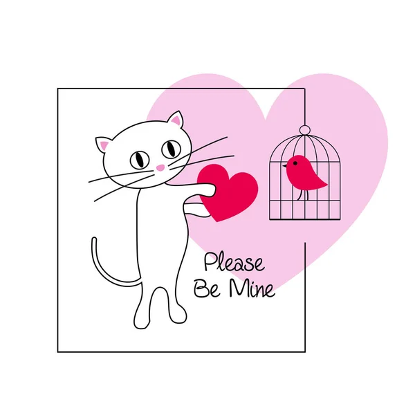 Leuke Kat Vogel Valentijn Roze Hart — Stockvector