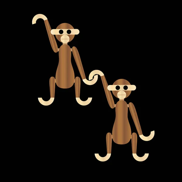 Wooden Monkeys Vector Icons Black Background — Stock Vector