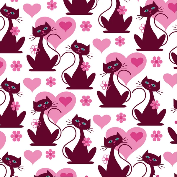 Mod Cat Hearts Pattern Vector Background — Stock Vector