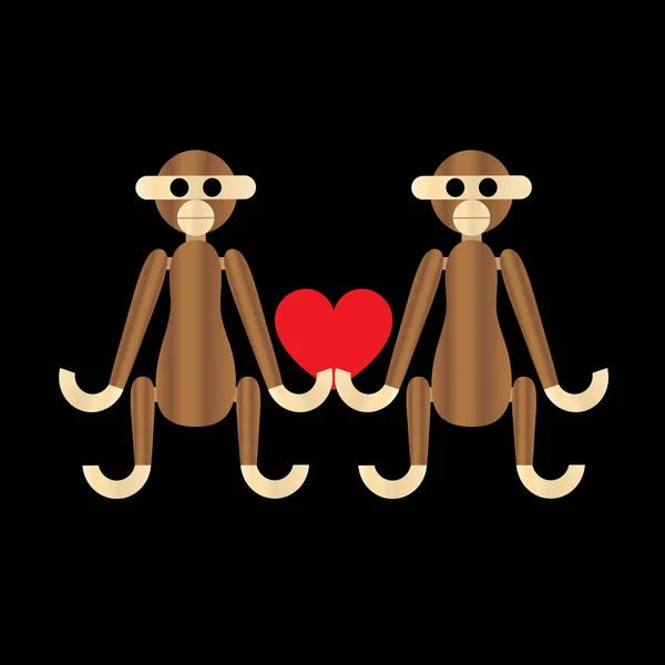 心のベクトル グラフィックの木製猿バレンタイン — ストックベクタ