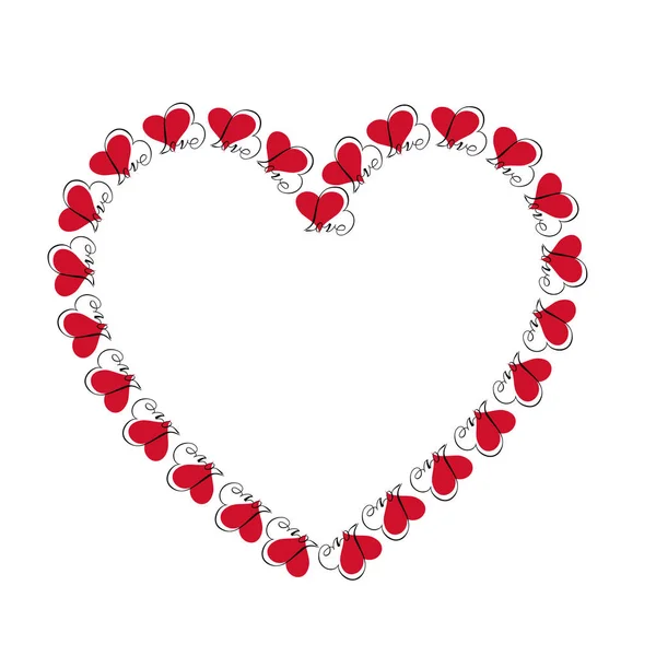 Überlappende Rote Herzen Mit Liebesrahmen — Stockvektor