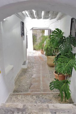 Endülüs 'ün Frigiliana köyünün tipik köşeleri, turizm beldesi, Malaga, İspanya' nın beyaz köyü, 