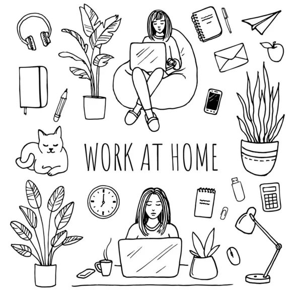 Home Office Work Home Concept Doodle Illustrations Vector Set — Stock Vector