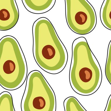 Avokado ile el çizimi, pürüzsüz desen. Vektör çizimi. Organik yiyecekler