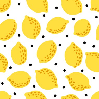 Beyaz noktalı arka planda limonlu kusursuz desen. Baskı, tekstil, ambalaj, duvar kâğıdı için moda. El çizimi vektör illüstrasyonu..
