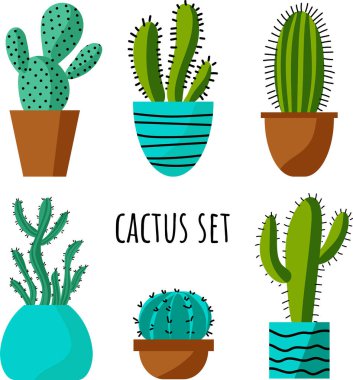 Vektör illüstrasyon kaktüsü seti. Beyaz arka planda Meksika kaktüsü. El çizimi.