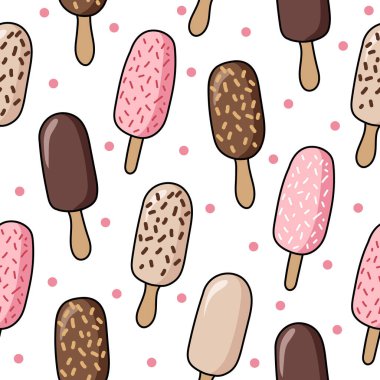 El çizimi vektör çizimi. Beyaz noktalı arka planda dondurmalı kusursuz desen. Doodle tarzı. Baskı, tekstil, ambalaj, duvar kağıdı için moda