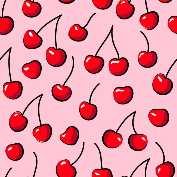 Pembe arka planda vişneli kusursuz desen. El çizimi vektör çizimi. Doodle tarzı. Baskı, tekstil, ambalaj, duvar kağıdı için moda.