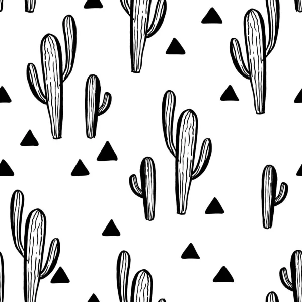 Seamless Pattern Cactus Vector Illustration Hand Drawn Cacti Black White — Stock Vector