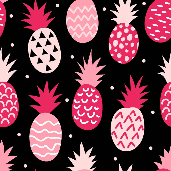Nahtloses Muster Mit Ananas Auf Schwarzem Hintergrund Handgezeichnete Vektorillustration Trendige — Stockvektor