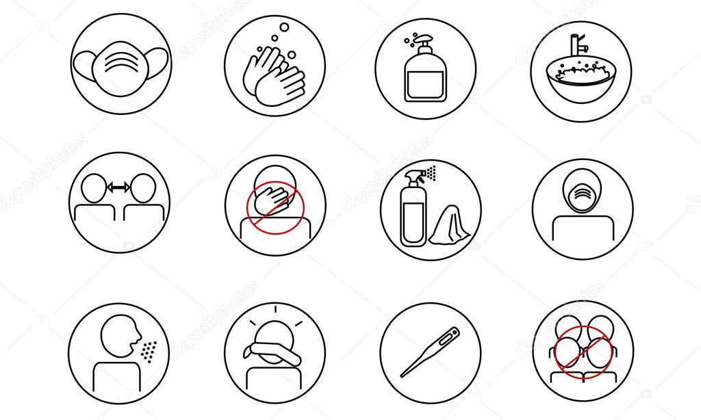 Group of icons related to coronavrius prevention and social distancing.Icons inside black circle on isolated white background, Vector illustration