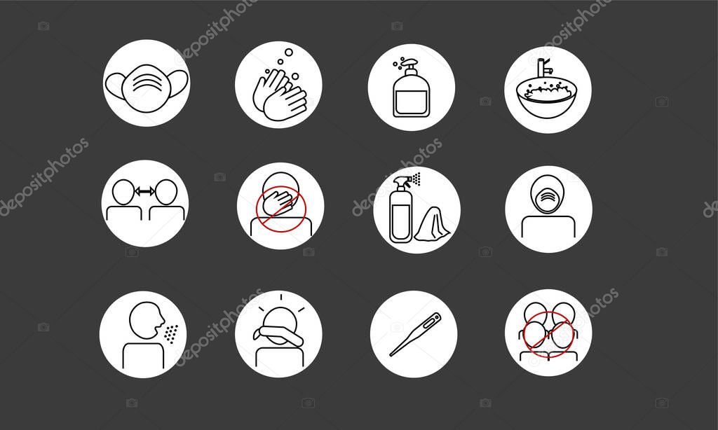 Group of icons related to coronavrius prevention and social distancing.Icons inside white circle on isolated black background, Vector illustration