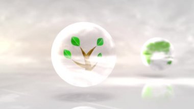 Dünya Çevre Günü için 3 boyutlu canlandırma 5 Haziran 2020. Küre içinde büyüyen bir ağacın canlandırması, 3 boyutlu metin ile küre, bulutlu arka plan ve beyaz ışık