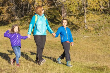 Etkin aile zaman hiking renkli ormanda harcama.