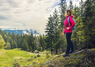 Doğaya dönüş. Sağlıklı bir yaşam tarzı. Vahşi doğada yürüyüş yapan genç bir kadın..