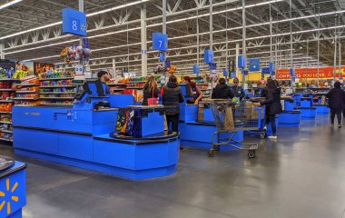 Walmart customers at checkout cash register counters clipart
