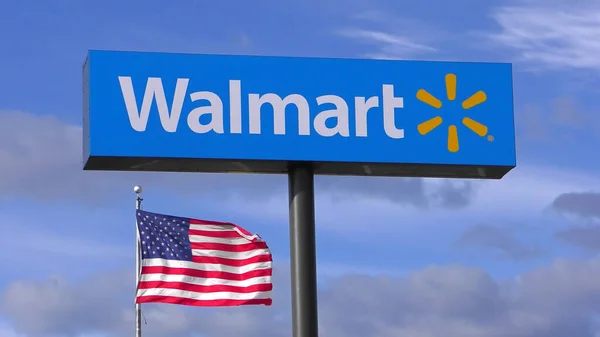 Señal Autopista Walmart Bandera Estadounidense Ondeando — Foto de Stock