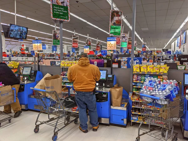 Walmart Minorista Autoservicio Caja Registradora Echa Vistazo Sección Clientes — Foto de Stock