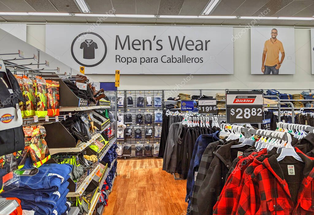 Walmart retail store, menswear clothing aisle section